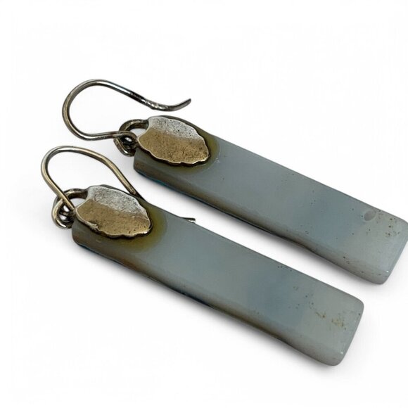 Handcrafted Phoenix Stone Rectangular Drop Earrings Blue Green Silver Hooks - Picture 3 of 14